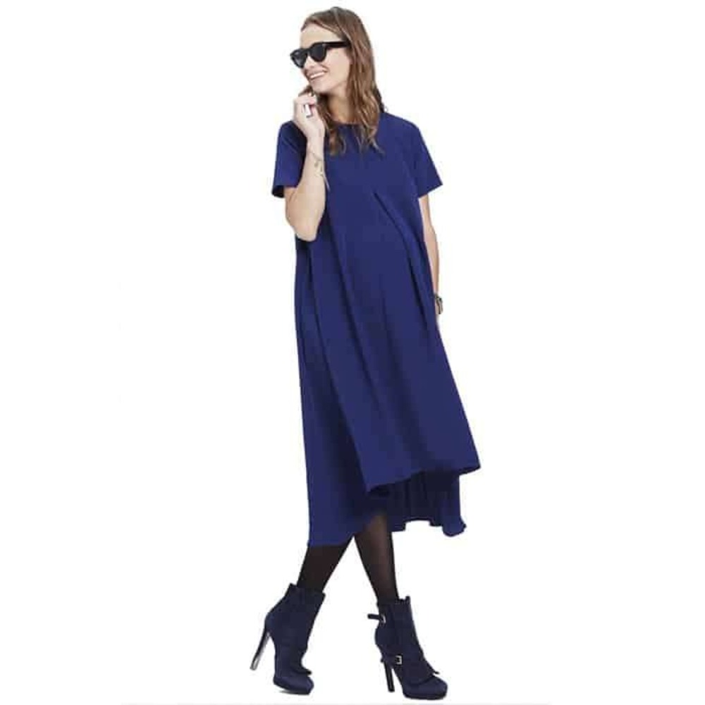Hatch Maternity Blue Short Sleeve High-Low Pleated Swing Dress Size 1